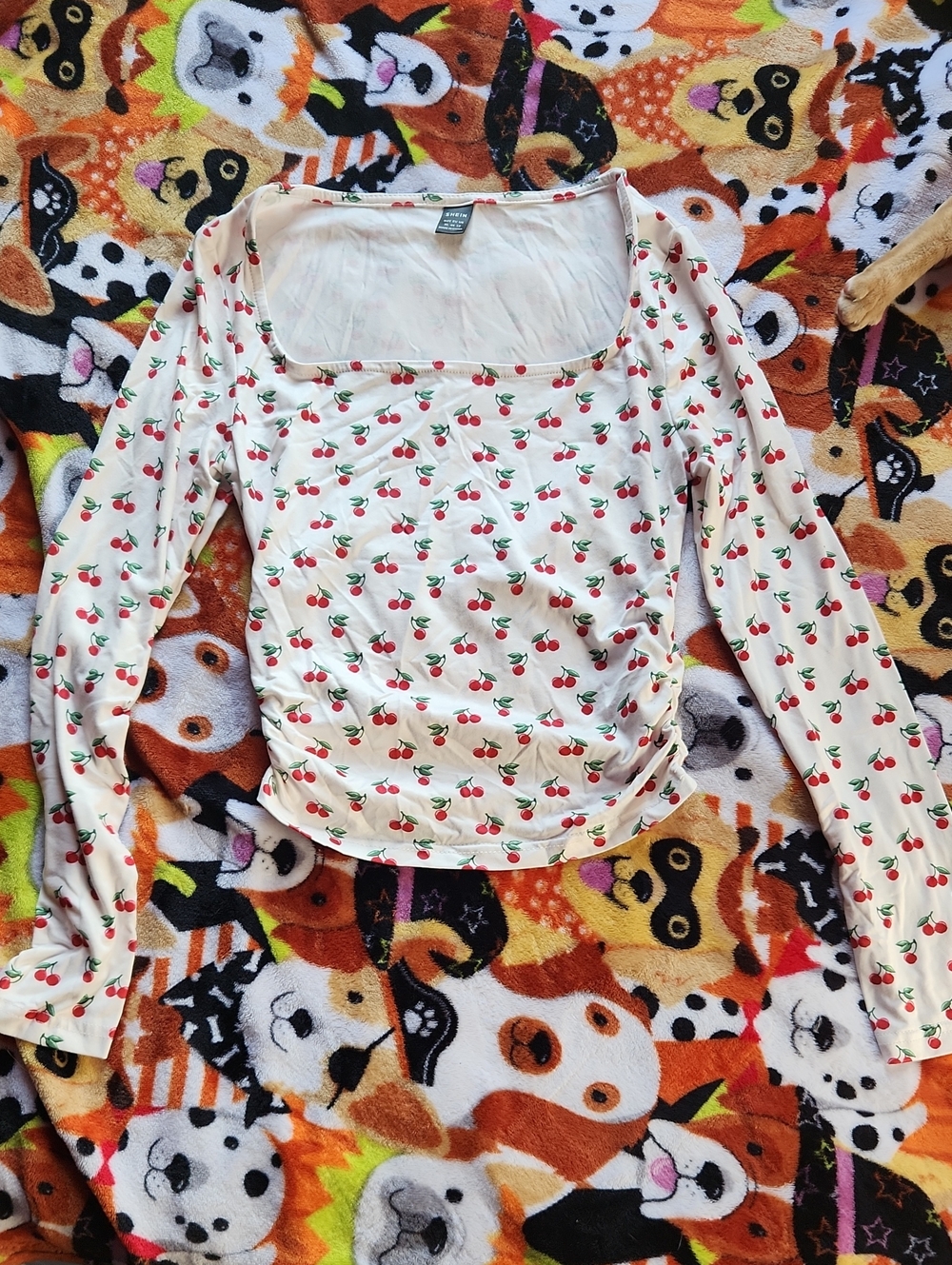 SHEIN White Long-Sleeve Top with Red Cherry Print XL